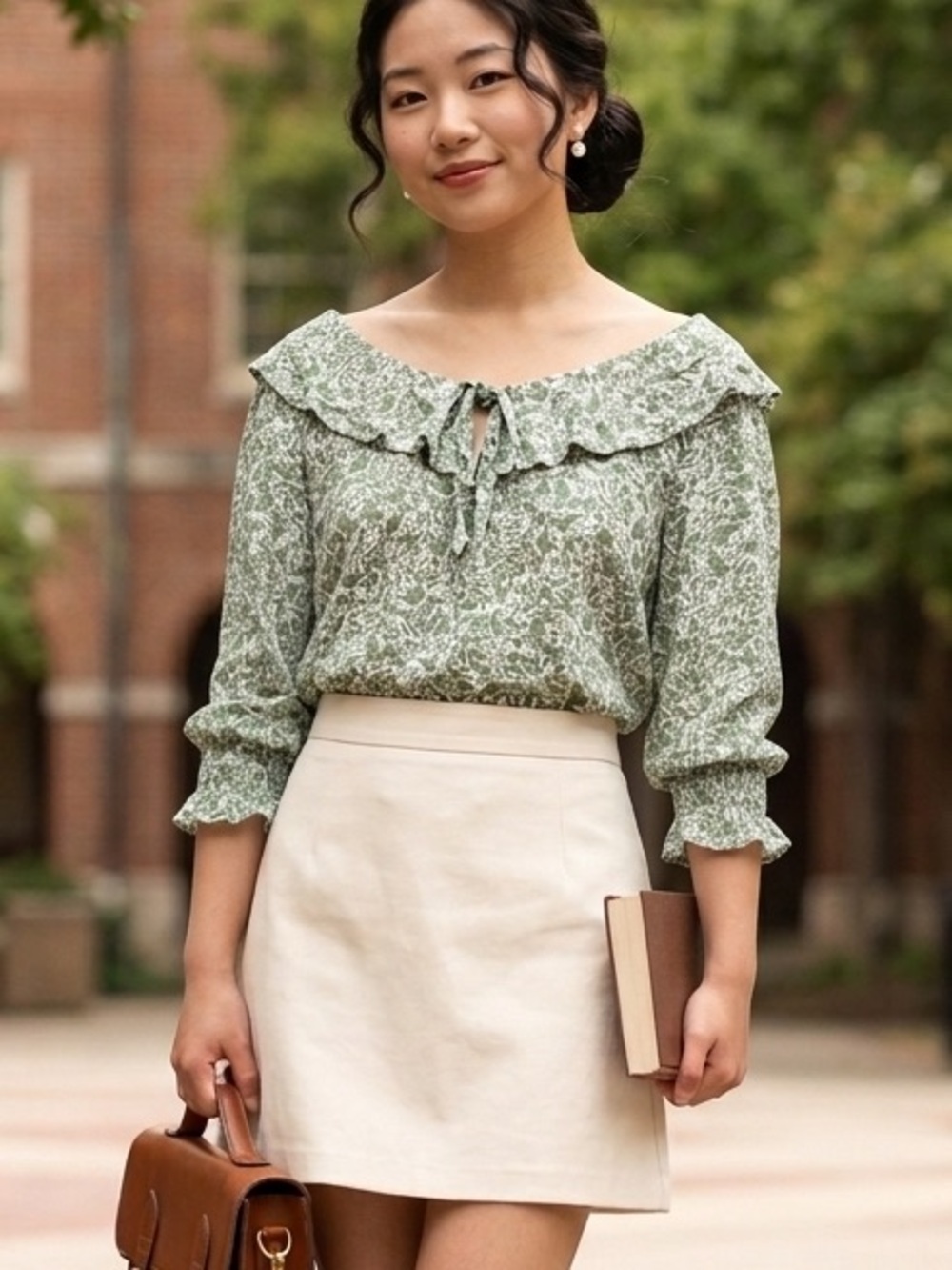 Goodthreads Feminine Cottagecore Green Floral Ruffle Collar Blouse